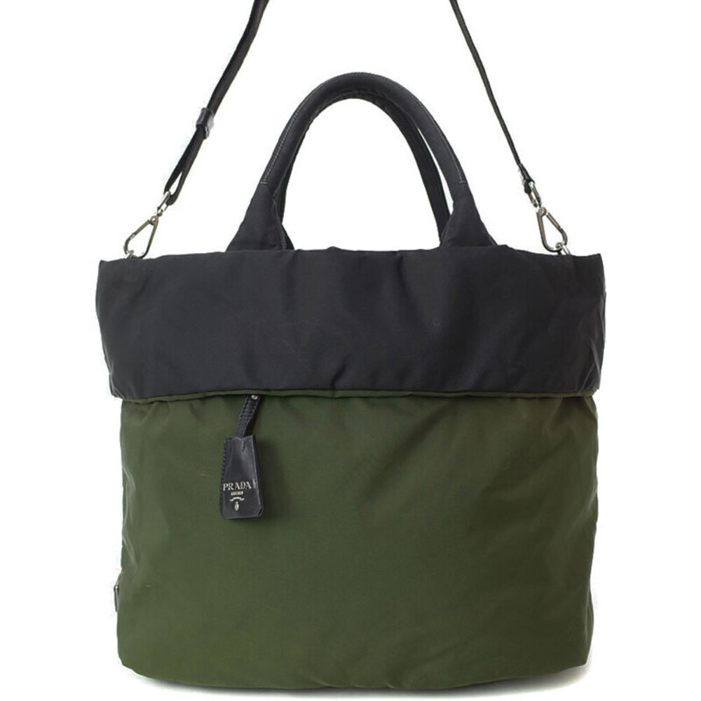 Prada Tessuto Reversible Tote Bag khaki green nylon black top